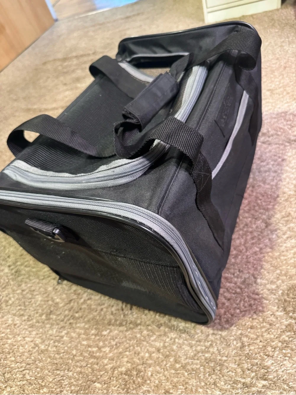 Black Foldable Pet Carrier with Gray Sherpa Pad